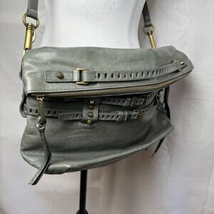 Joelle Hawkens Gray Green Crossbody Bag Victory Foldover Leather Chic Boho EUC